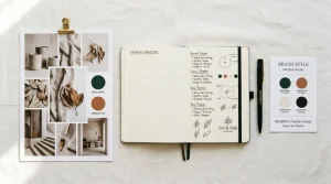 Design brief elements including notebook, colour swatches, and brand mood board laid out on a desk