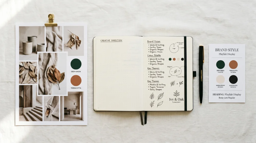 Design brief elements including notebook, colour swatches, and brand mood board laid out on a desk