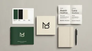 Brand identity elements including logo, colour palette, and brand guidelines laid out on a desk