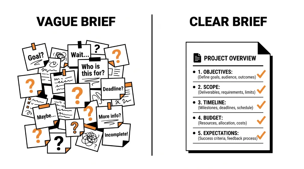 Comparison between a vague design brief and a clear, structured design brief
