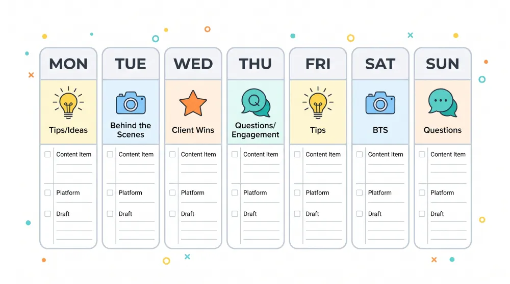 Simple weekly social media content calendar with icons for different content types
