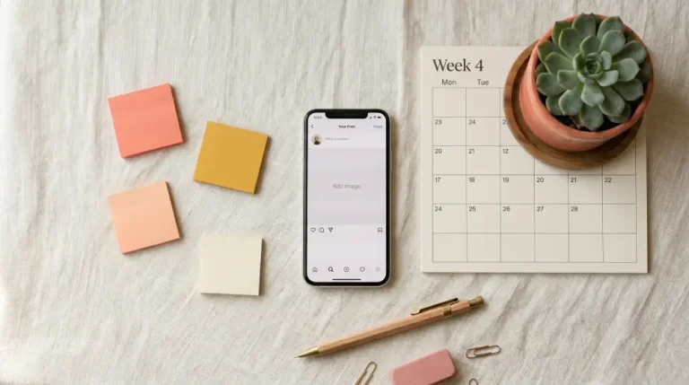 Smartphone with blank social media screen surrounded by content planning notes and calendar on a desk