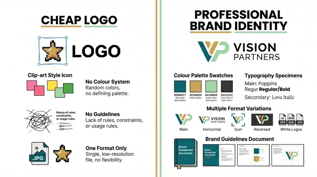 Comparison between a cheap logo and a professional brand identity system showing deliverables