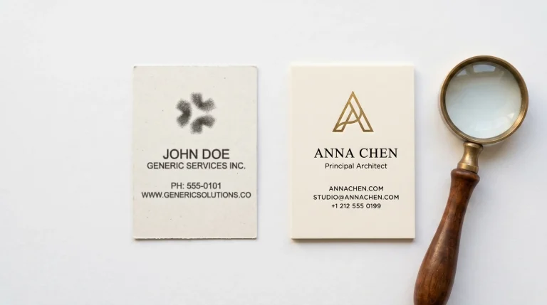 Two business cards comparing cheap logo design versus professional brand identity