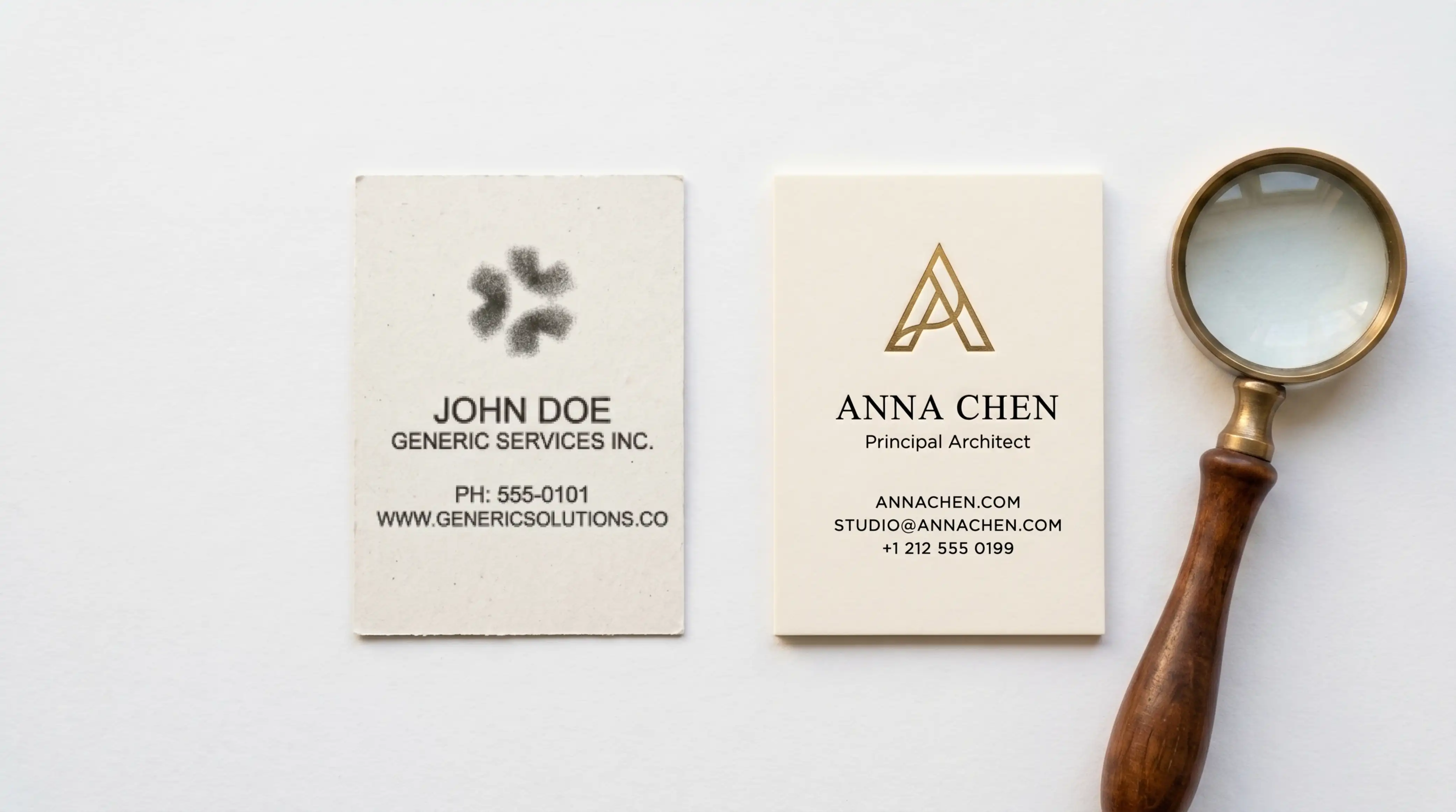 Two business cards comparing cheap logo design versus professional brand identity