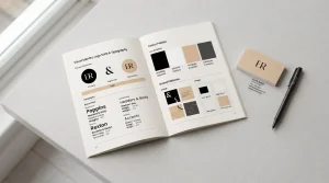 Open brand guidelines booklet showing colour swatches and logo variations on a clean desk