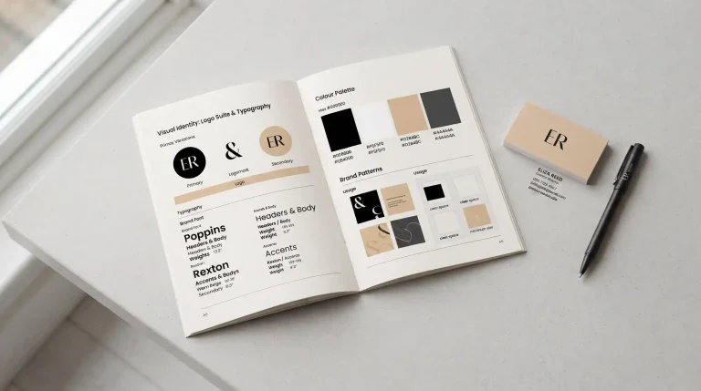 Open brand guidelines booklet showing colour swatches and logo variations on a clean desk