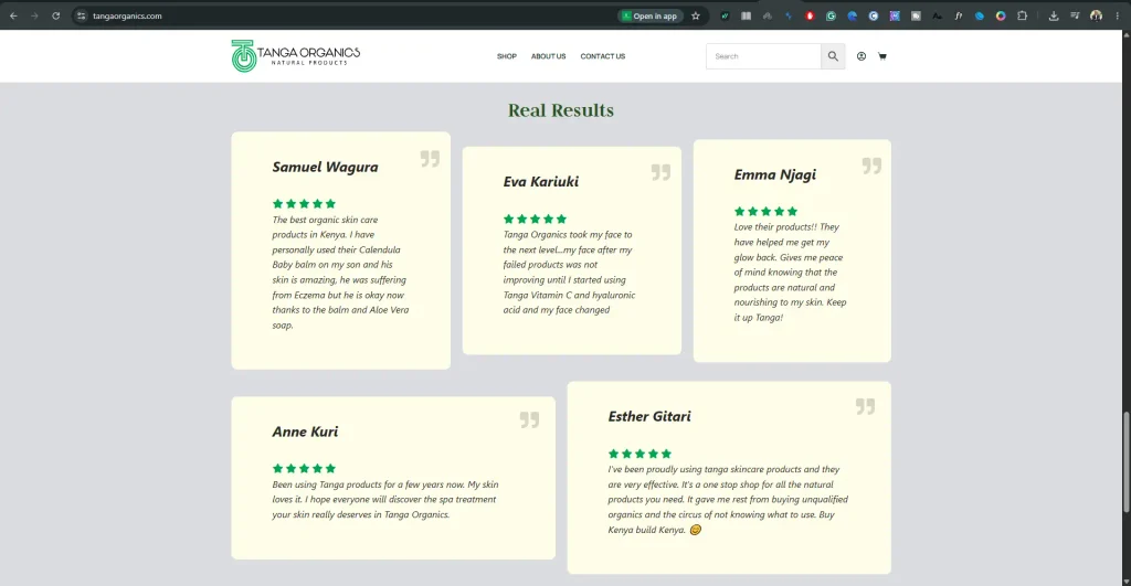 Named customer reviews on the Tanga Organics website