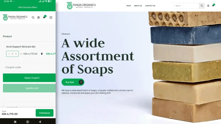 Tanga Organics mobile shop page with sticky checkout button visible